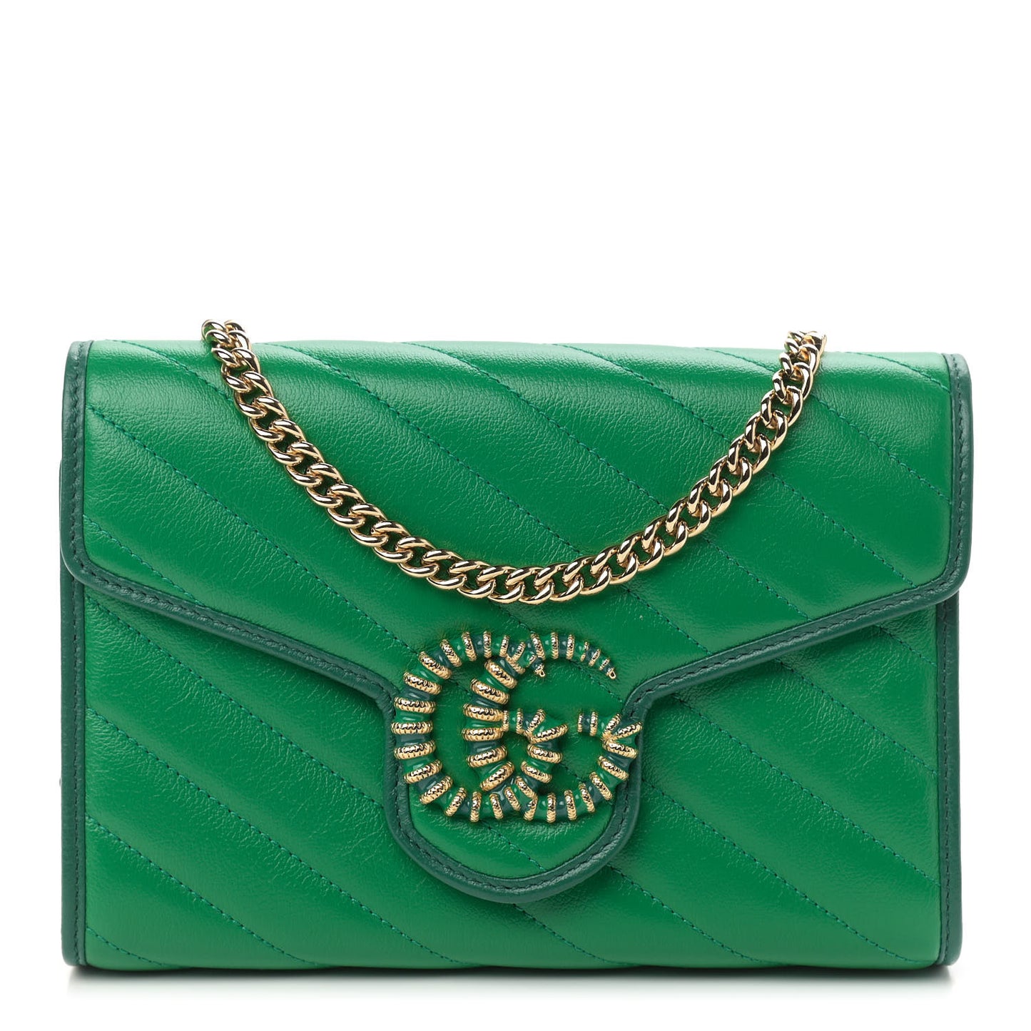 Azalea Calfskin Enamel Matelasse Diagonal Torchon GG Marmont Chain Wallet New Shamrock Emerald