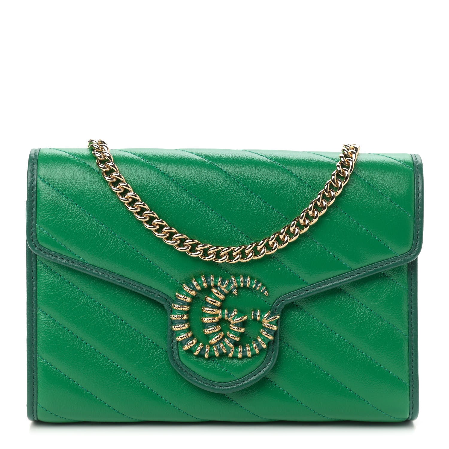 Gucci Azalea Calfskin Enamel Matelasse Diagonal Torchon GG Marmont Chain Wallet New Shamrock Emerald 1 of 9