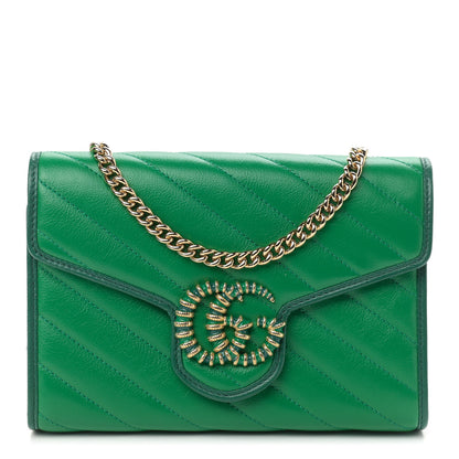 Gucci Azalea Calfskin Enamel Matelasse Diagonal Torchon GG Marmont Chain Wallet New Shamrock Emerald 1 of 9
