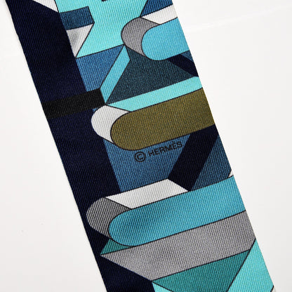 Hermes Silk Perspective Cavaliere Twilly Turquoise Marine Gris 4 of 4