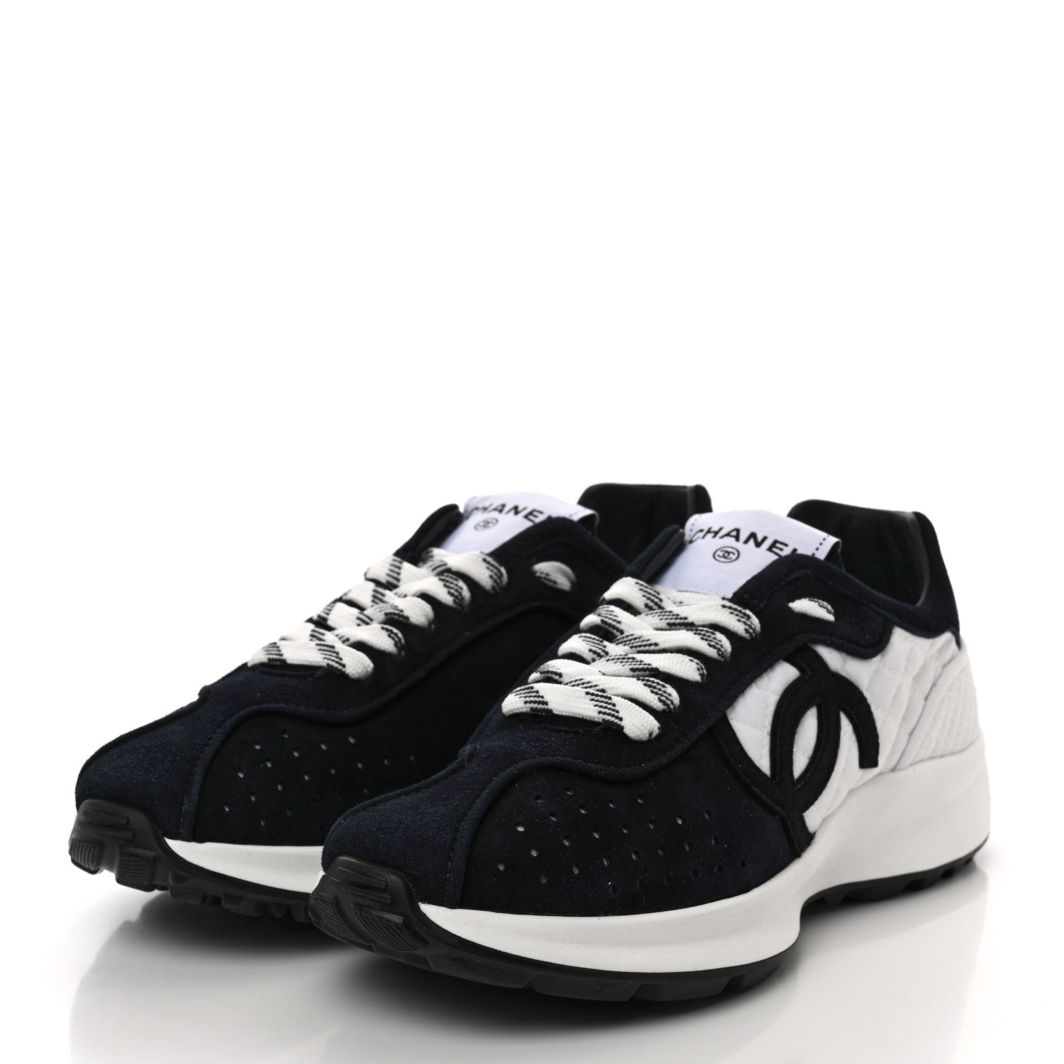 Chanel Fabric Suede Kidskin CC Sneakers 37.5 Dark Navy White 3 of 10