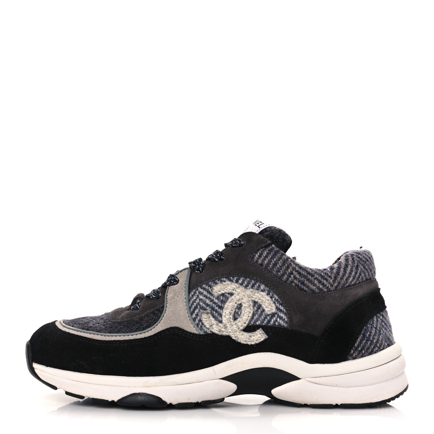 Chanel Fabric Suede Calfskin CC Sneakers 39 Black Grey Dark Grey 1 of 7