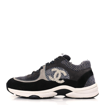 Chanel Fabric Suede Calfskin CC Sneakers 39 Black Grey Dark Grey 1 of 7