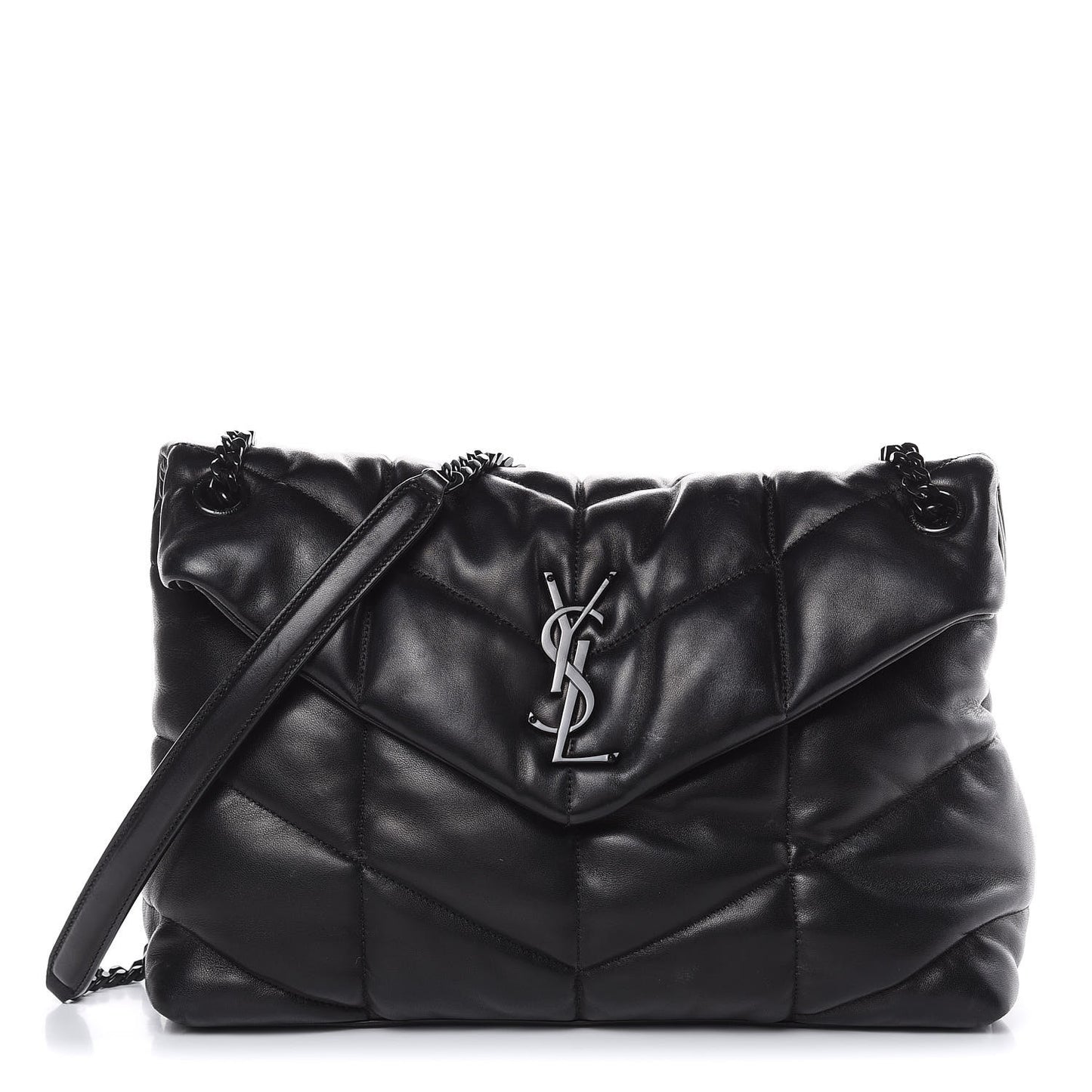 Lambskin Quilted Medium Loulou Puffer Monogram Chain Satchel Black