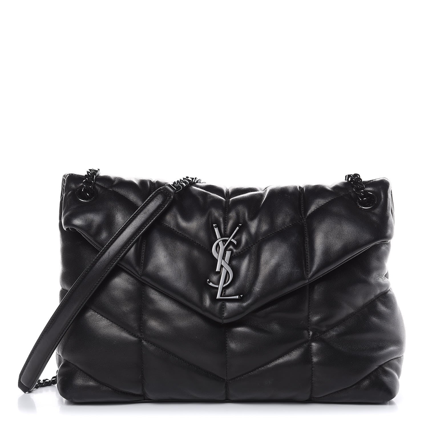 Saint Laurent Lambskin Quilted Medium Loulou Puffer Monogram Chain Satchel Black 1 of 17