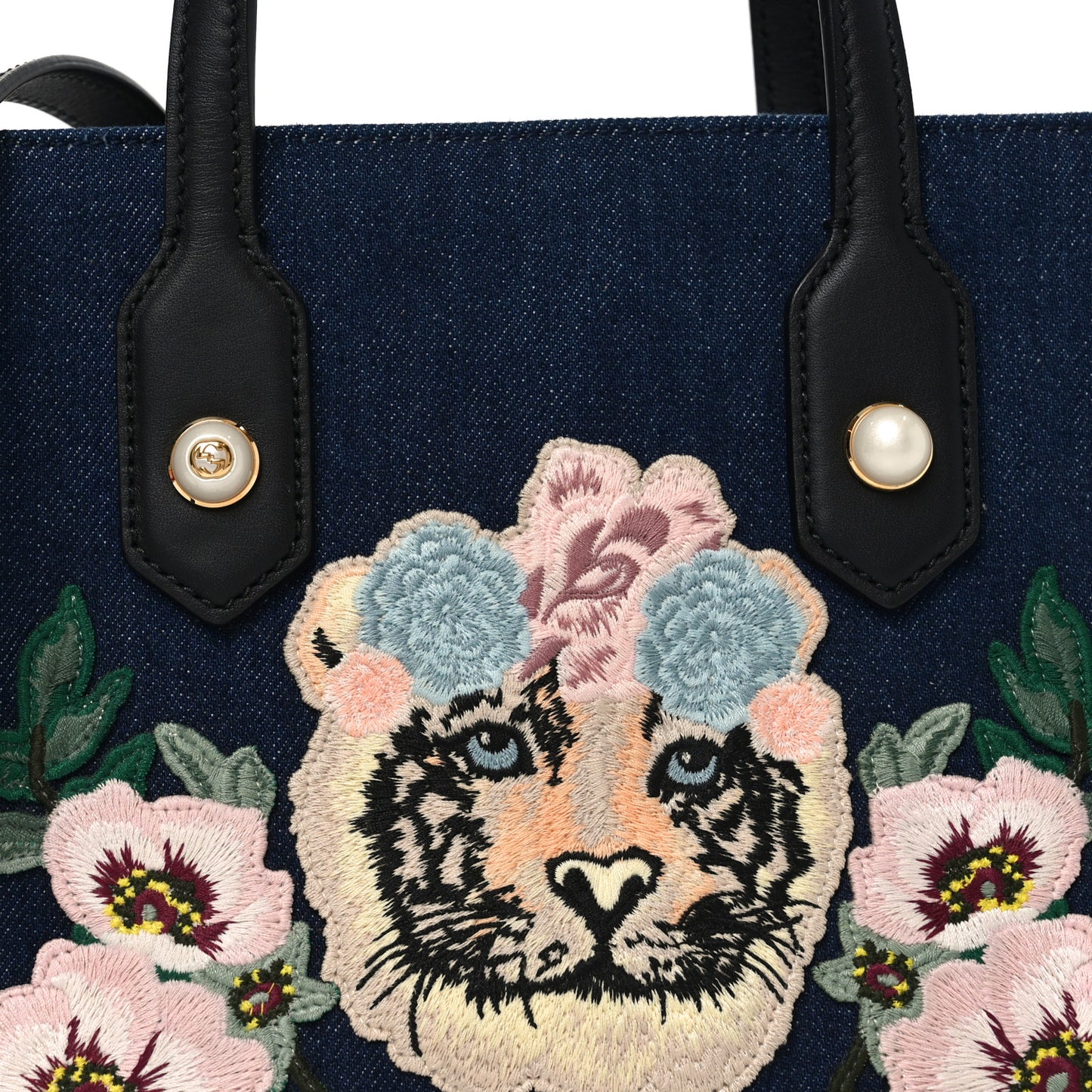 Denim Embroidered Tiger Tote Blue Multicolor