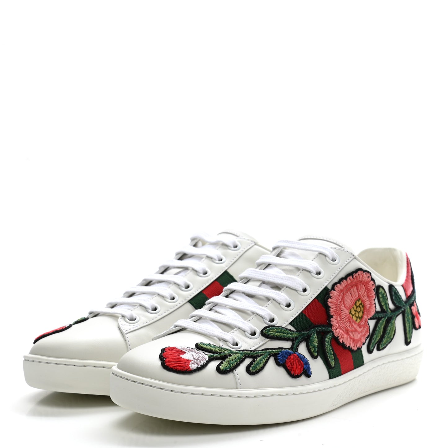 Calfskin Web Floral Embroidered Womens Ace Sneakers 38 White