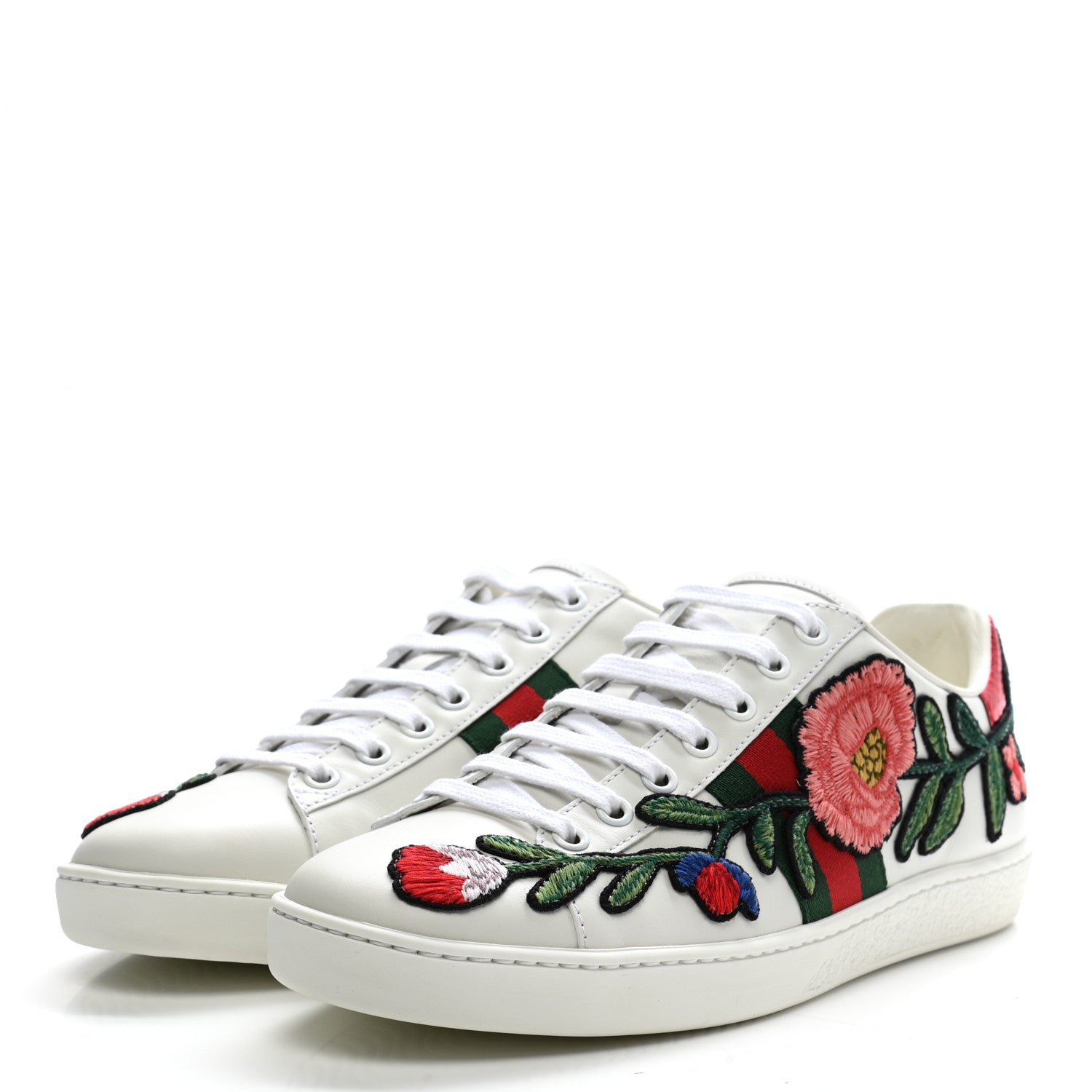 Gucci Calfskin Web Floral Embroidered Womens Ace Sneakers 38 White 3 of 10