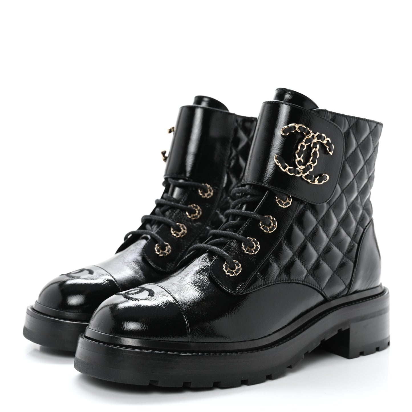 Shiny Calfskin Quilted Lace Up Combat Boots 39 Black
