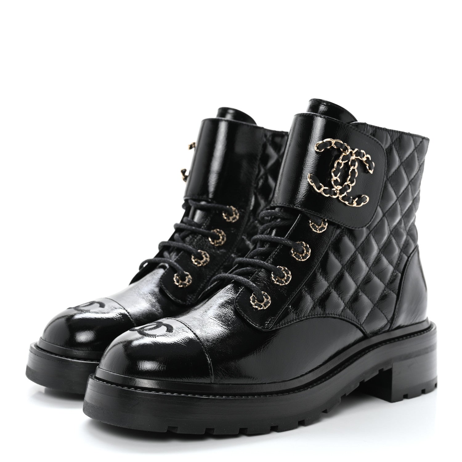 Chanel Shiny Calfskin Quilted Lace Up Combat Boots 39 Black 3 of 10