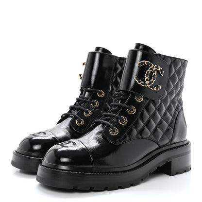 Chanel Shiny Calfskin Quilted Lace Up Combat Boots 39 Black 3 of 10