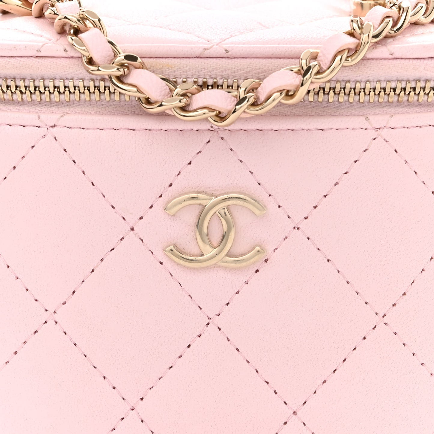 Lambskin Quilted Mini Top Handle Vanity Case With Chain Light Pink