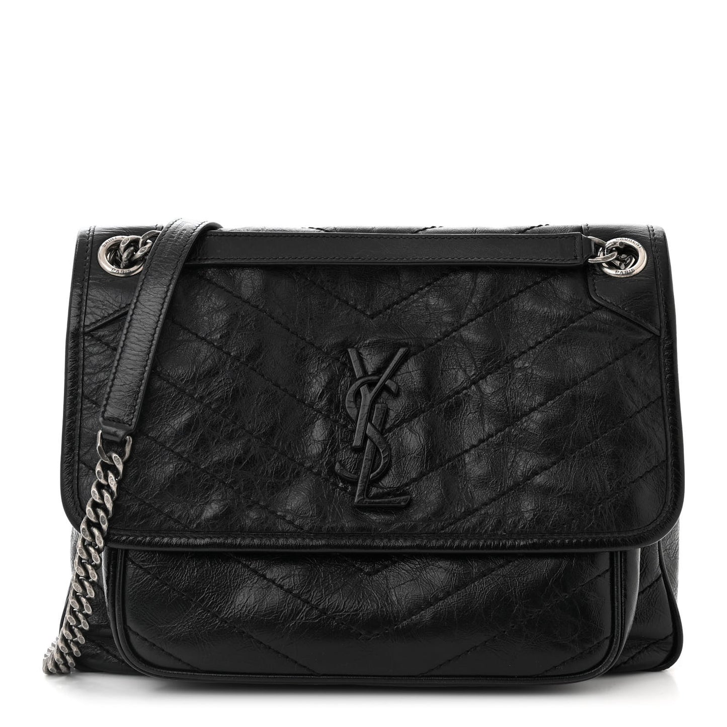Crinkled Calfskin Matelasse Monogram Medium Niki Chain Satchel Black