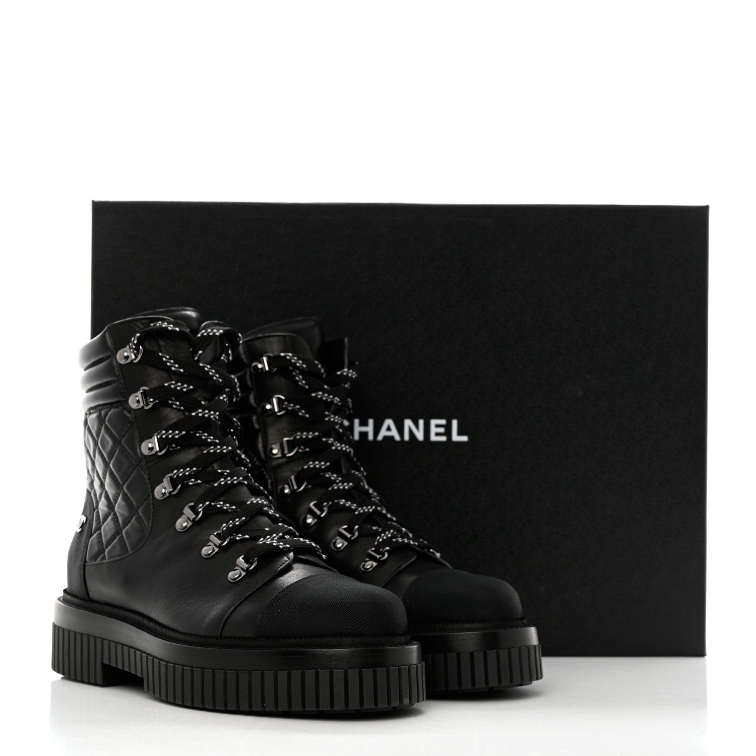 Chanel Calfskin Grosgrain Quilted Lace Up Boots 41 Black Grey 9 of 9
