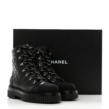 Chanel Calfskin Grosgrain Quilted Lace Up Boots 41 Black Grey 9 of 9