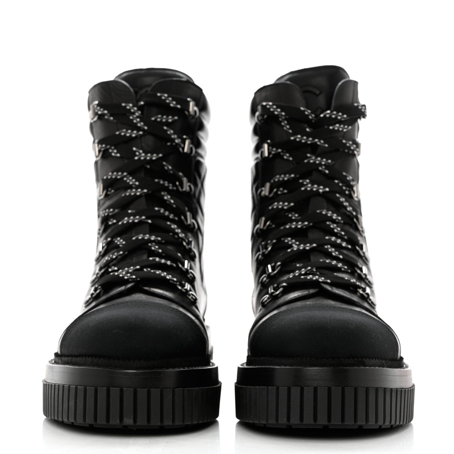 Calfskin Grosgrain Quilted Lace Up Boots 41 Black Grey