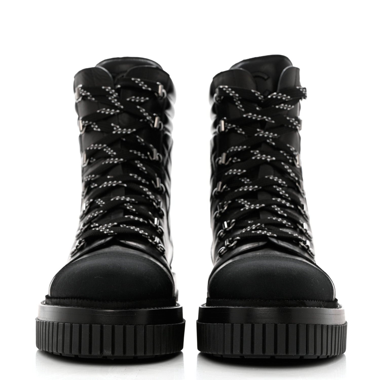 Chanel Calfskin Grosgrain Quilted Lace Up Boots 41 Black Grey 2 of 9