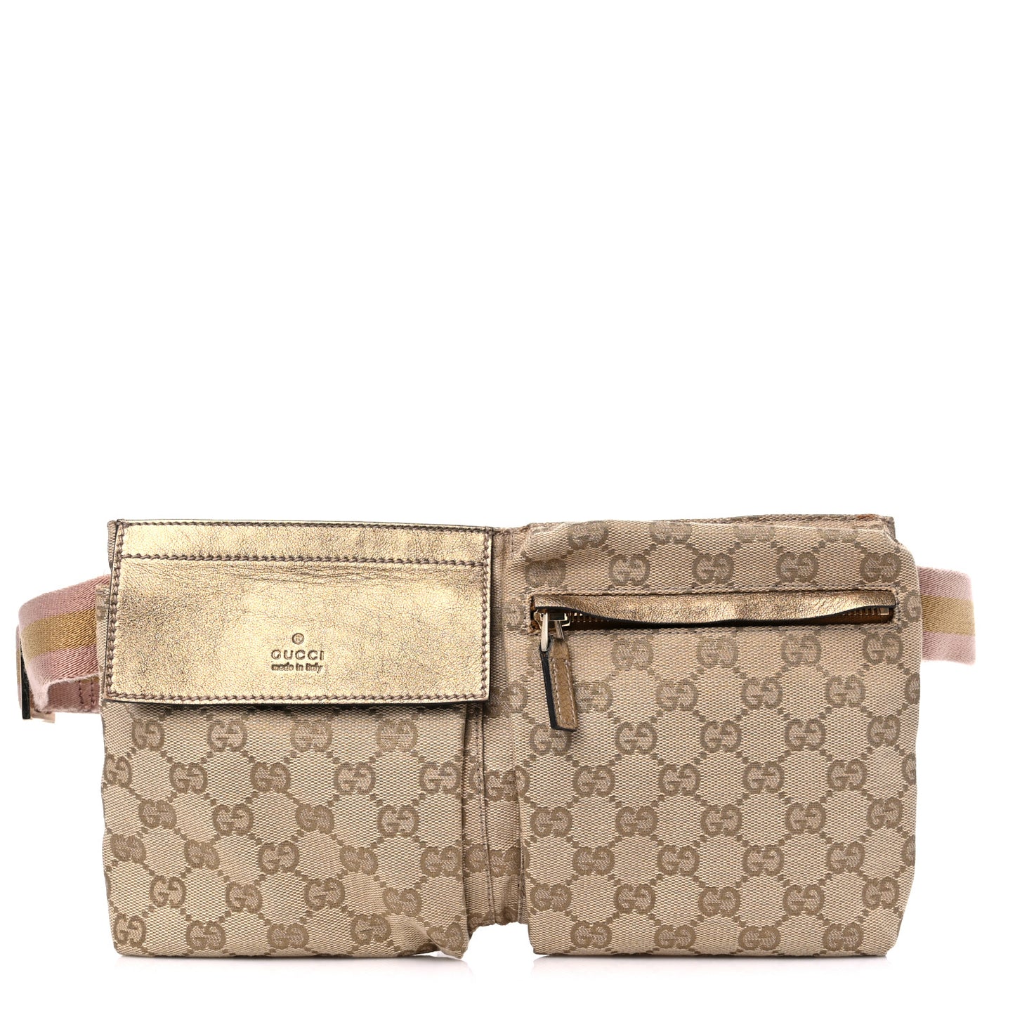 GG Monogram Web Double Pocket Belt Bag Gold Pink