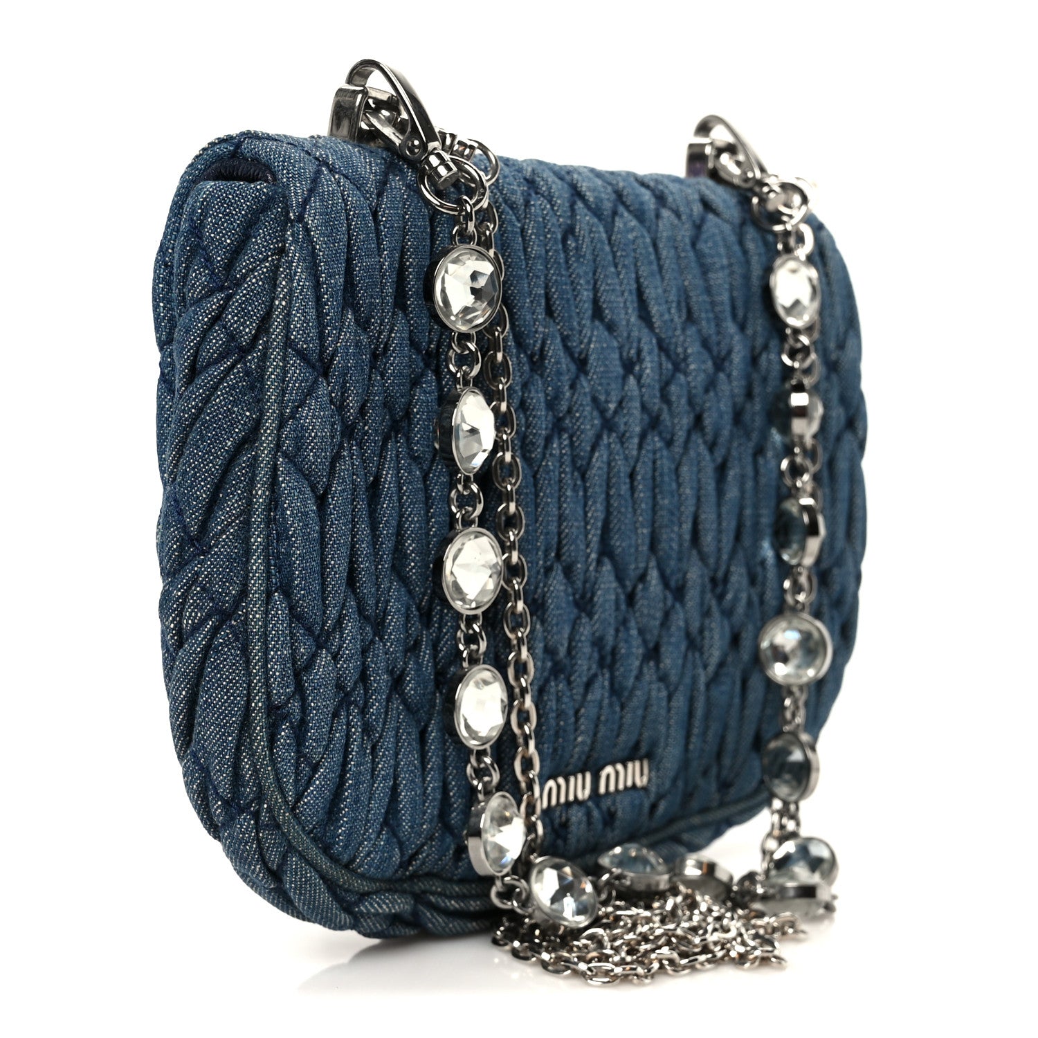 Miu Miu Denim Matelasse Crystal Chain Crossbody Bag Blue 3 of 13