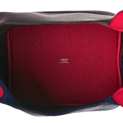 Hermes Taurillon Clemence Casaque Picotin Lock 22 MM Bleu Nuit Framboise Rouge Sellier 5 of 12