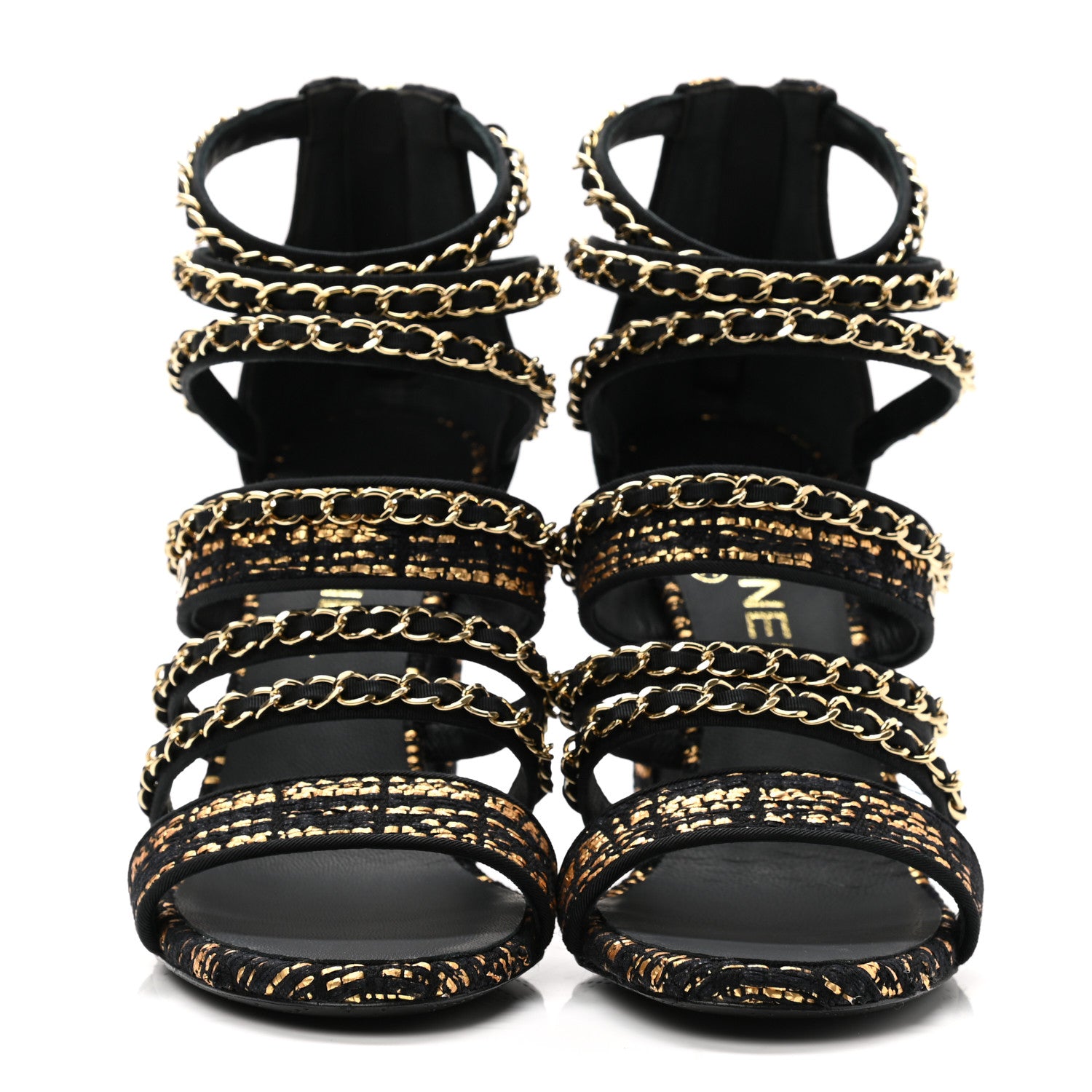 Chanel Metallic Tweed Gladiator Chain Sandals 38.5 Black Gold 2 of 9