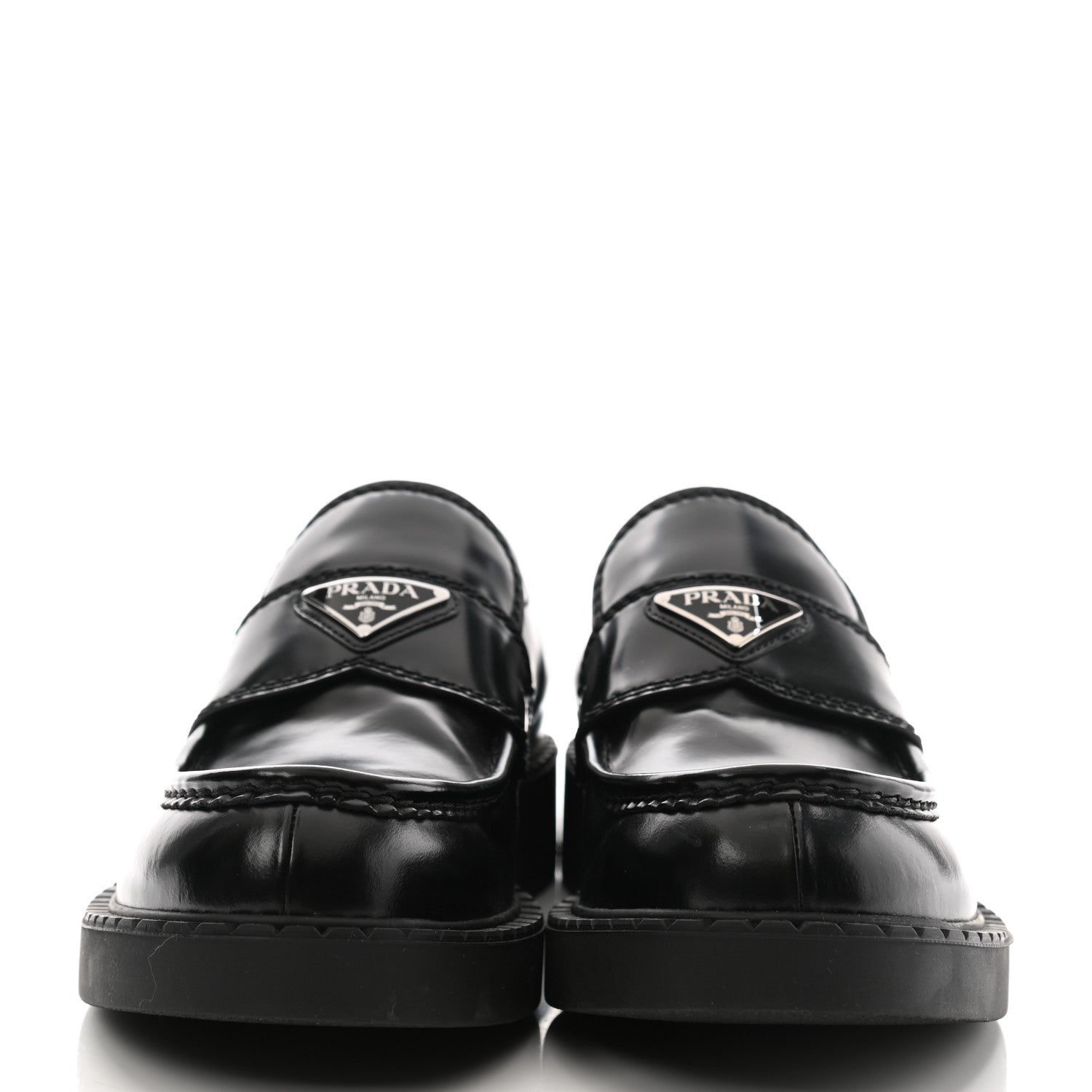 Prada Spazzolato Metal Triangle Logo Mens 35mm Loafers 7.5 Black 2 of 10