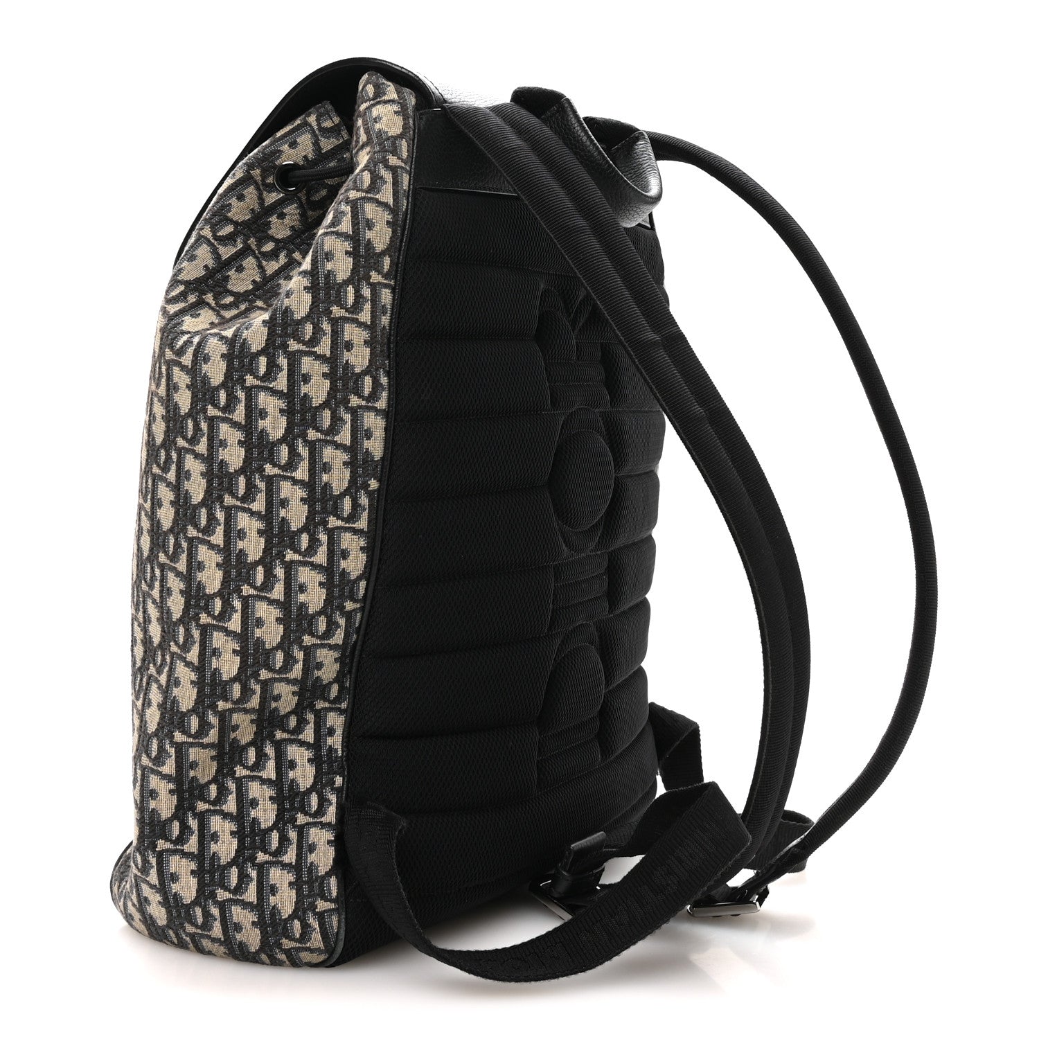 Christian Dior Oblique Jacquard Grained Calfskin Drawstring Saddle Backpack Beige Black 3 of 11