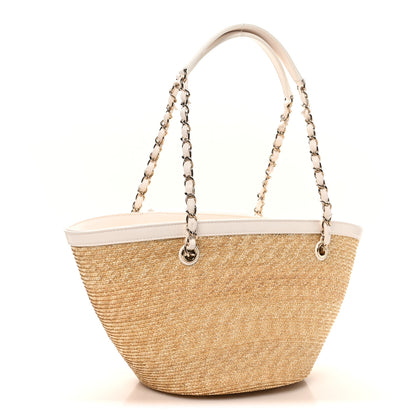 Chanel Raffia Braided Lambskin Small Shopping Tote Beige White 4 of 11