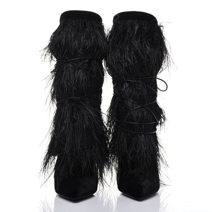 Saint Laurent Velluto Master Ostrich Yeti 110 Short Boots 37.5 Black 2 of 9