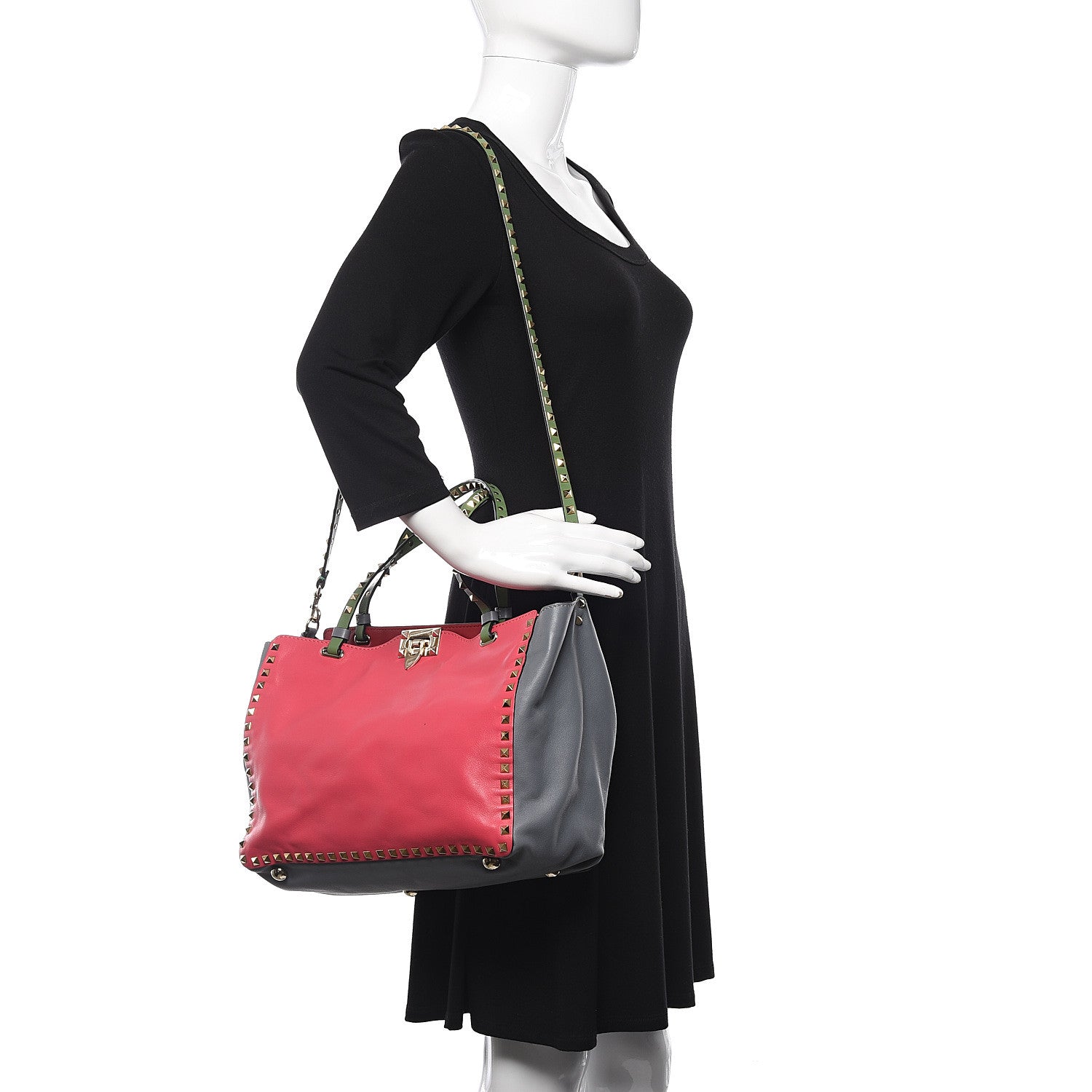 Valentino Garavani Vitello Colorblock Medium Rockstud Tote Deep Rose Clover Grey Scarlet 2 of 14