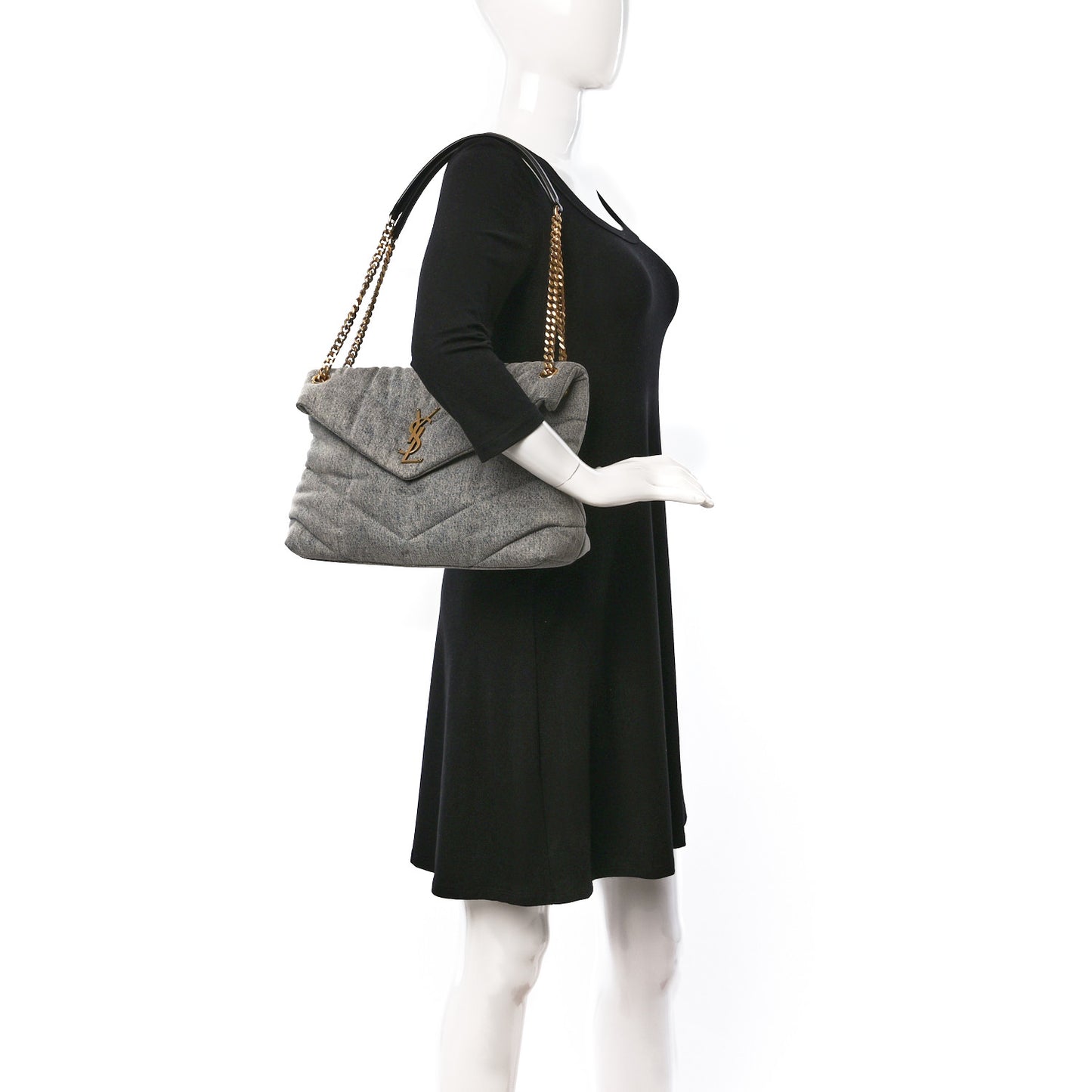 Denim Quilted Medium Loulou Puffer Monogram Chain Satchel Azur