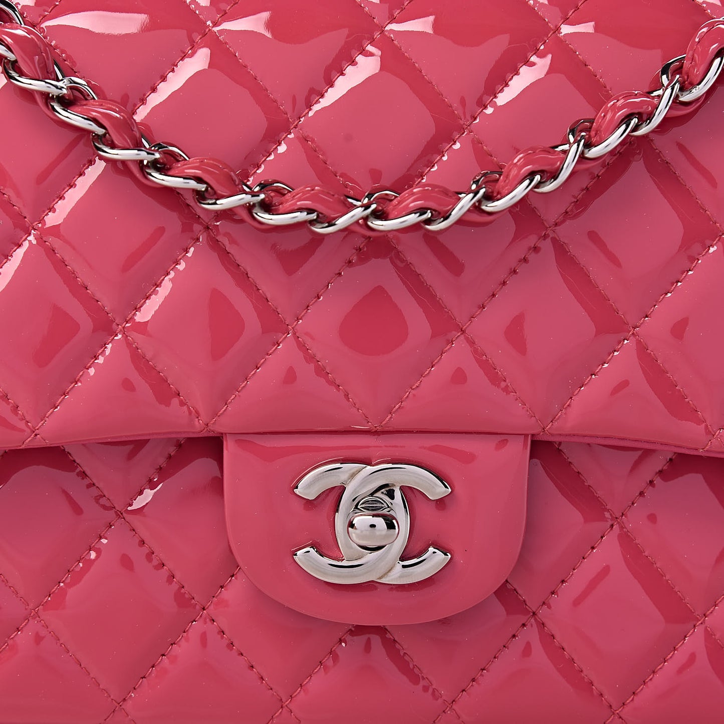 Patent Quilted Medium Double Flap Fuchsia
