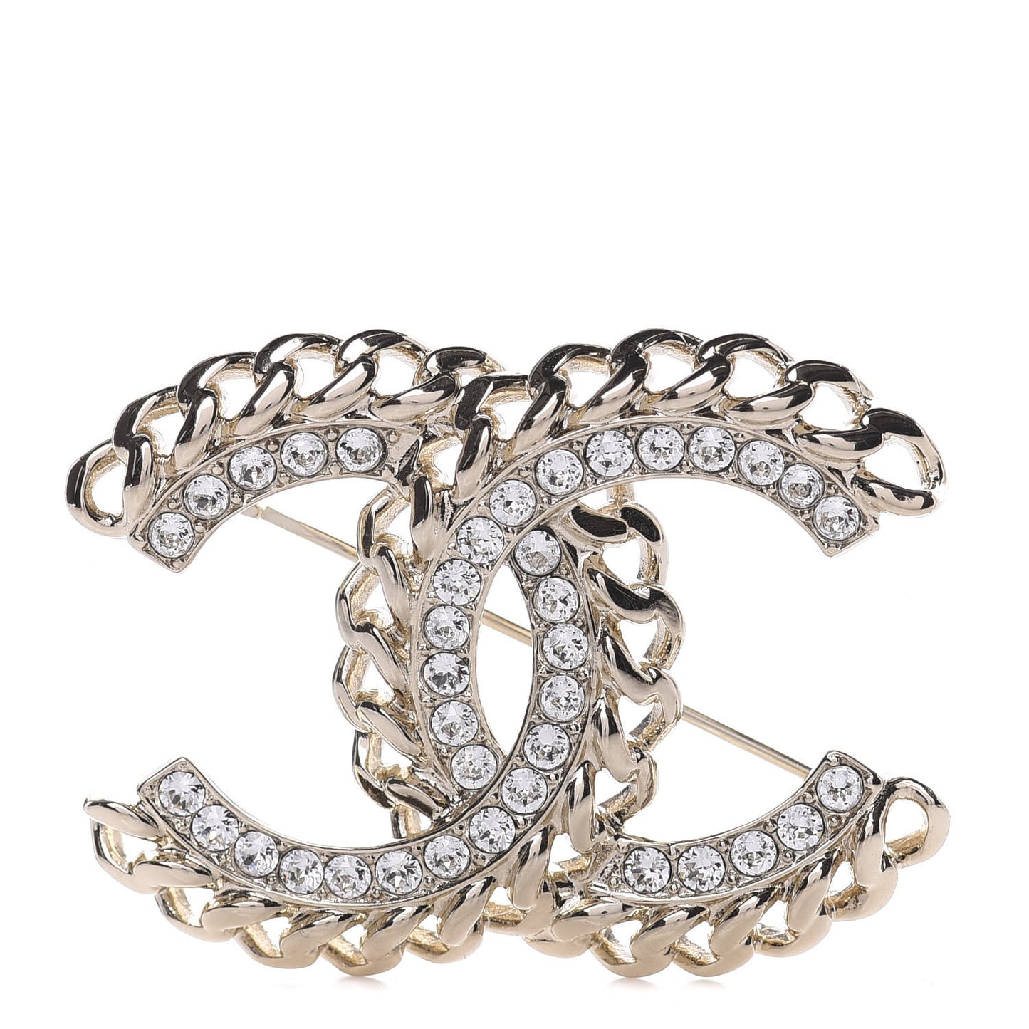 Crystal Chain CC Brooch Gold