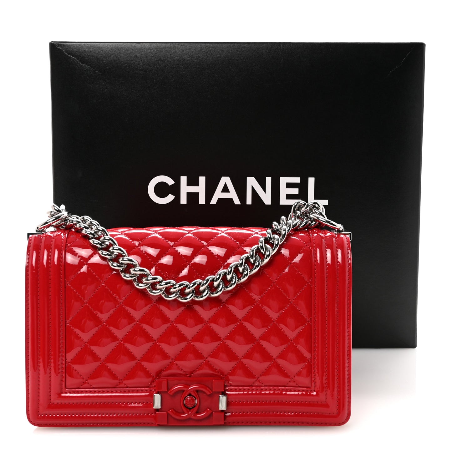 Patent Calfskin Quilted Medium Plexiglass Boy Flap Red