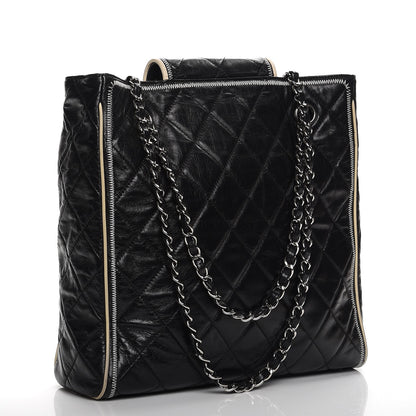 Chanel Glazed Lambskin Quilted Large North South Tote Black 3 of 11