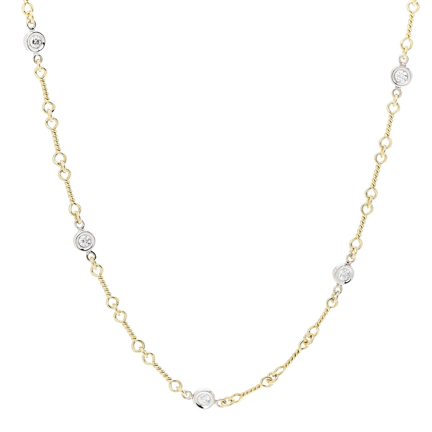 18K Yellow White Gold Diamond By the Inch Seven Station Dog Bone Necklace
