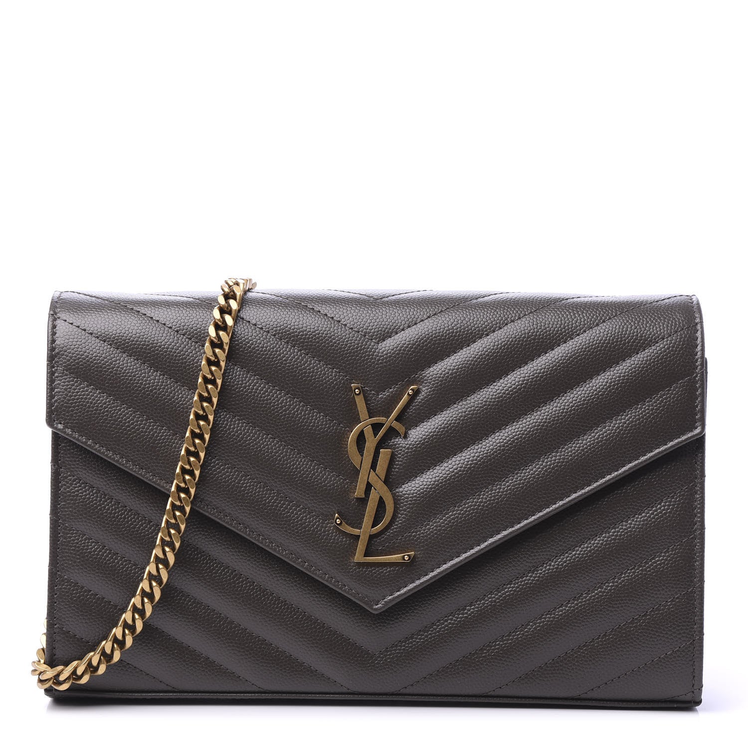 Saint Laurent Grain De Poudre Matelasse Chevron Monogram Chain Wallet Pebble 1 of 9
