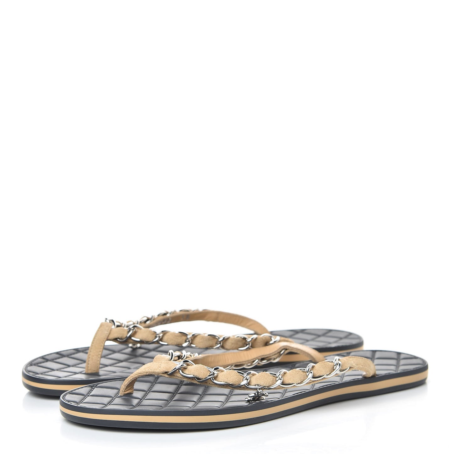 Suede Calfskin Quilted Chain Thong Sandals 38 Beige