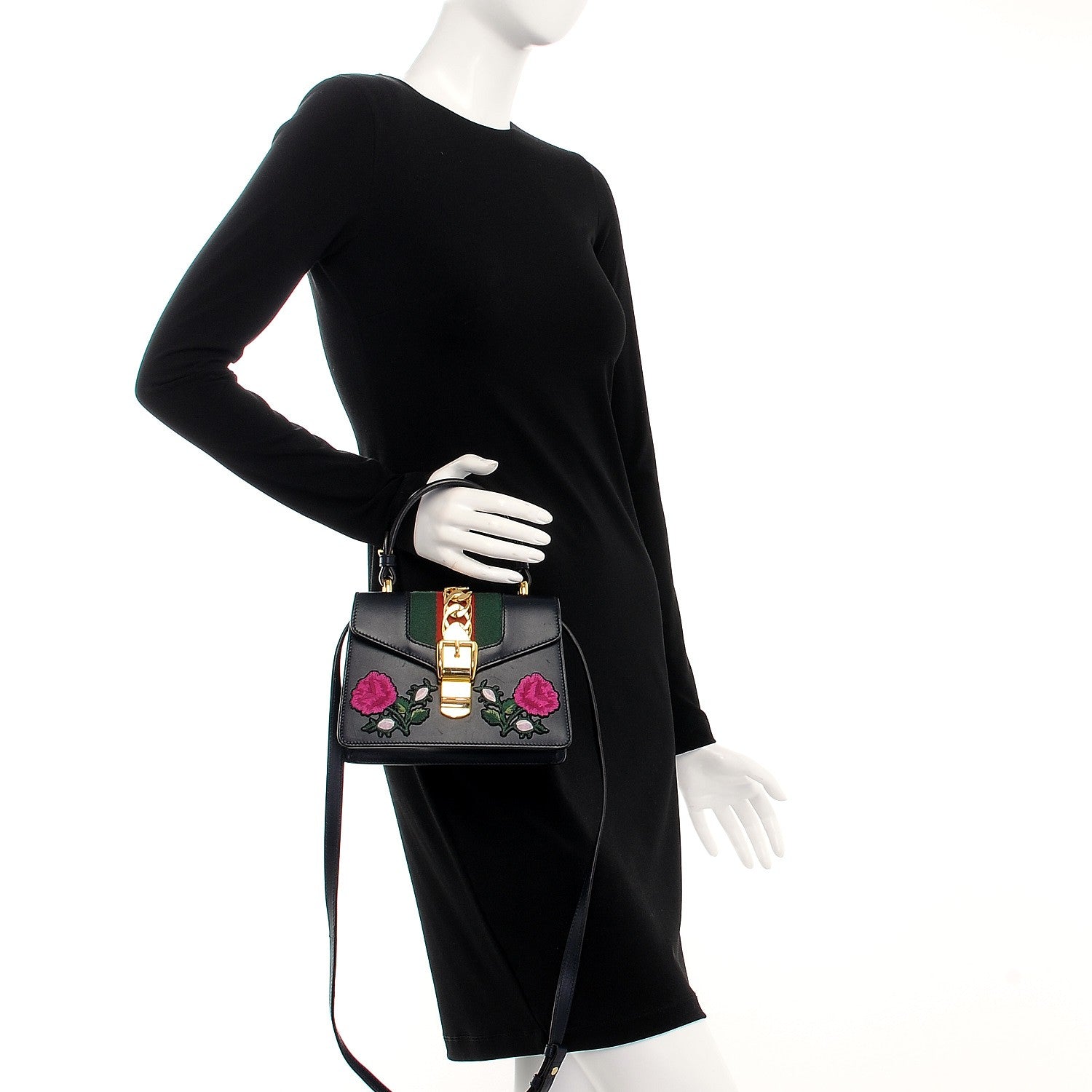 Gucci Calfskin Embroidered Mini Sylvie Top Handle Bag Blue 3 of 10