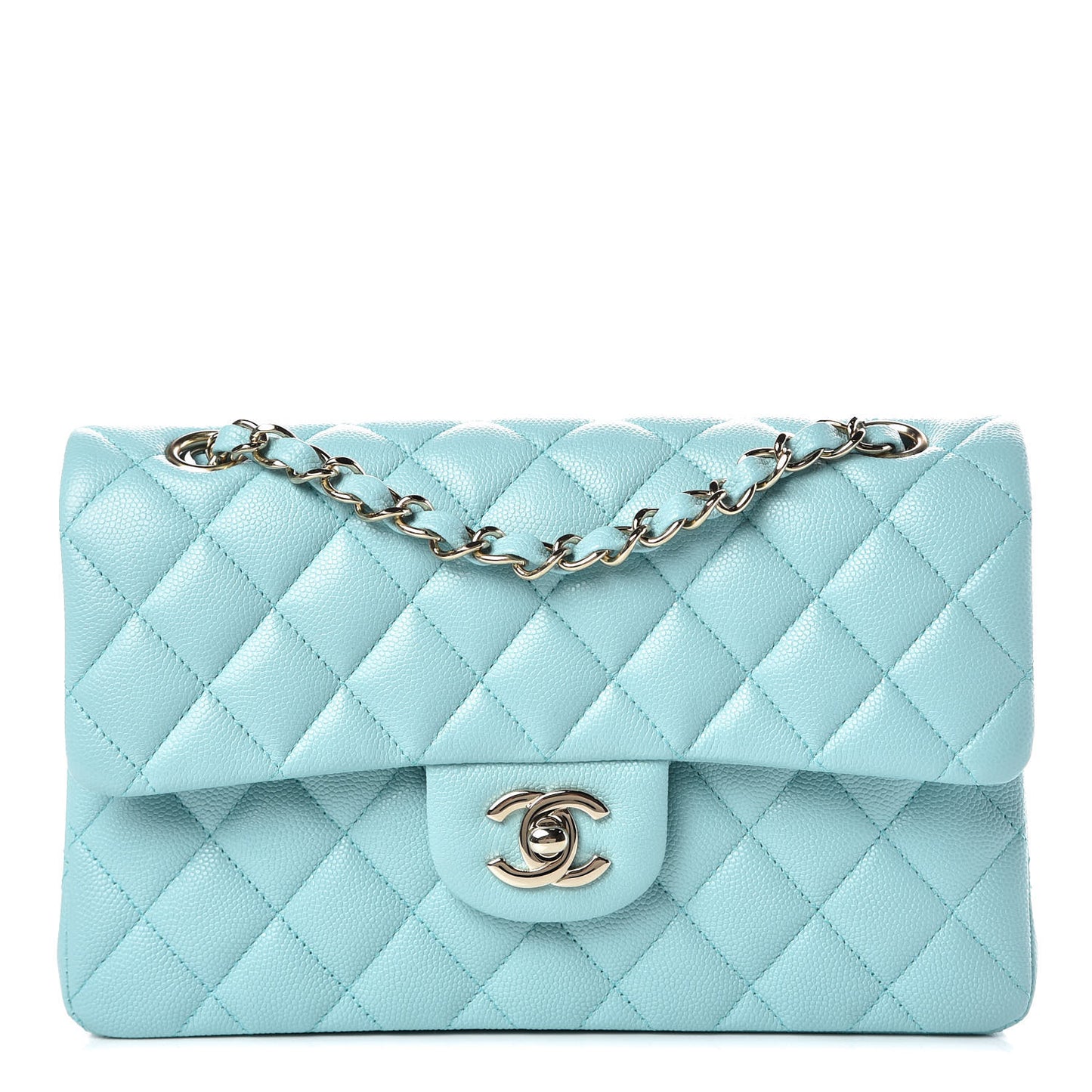 Caviar Quilted Small Double Flap Light Blue