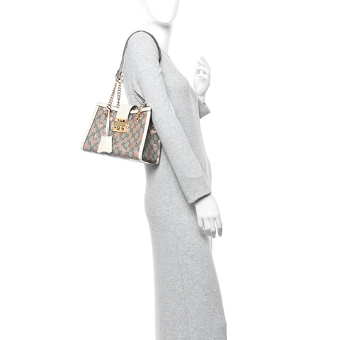 GG Supreme Monogram Berry Textured Dollar Calfskin Small Padlock Tote Beige Ebony Light Copper Mystic White