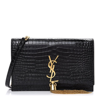 Saint Laurent Calfskin Crocodile Embossed Kate Monogram Tassel Chain Wallet Black 1 of 11