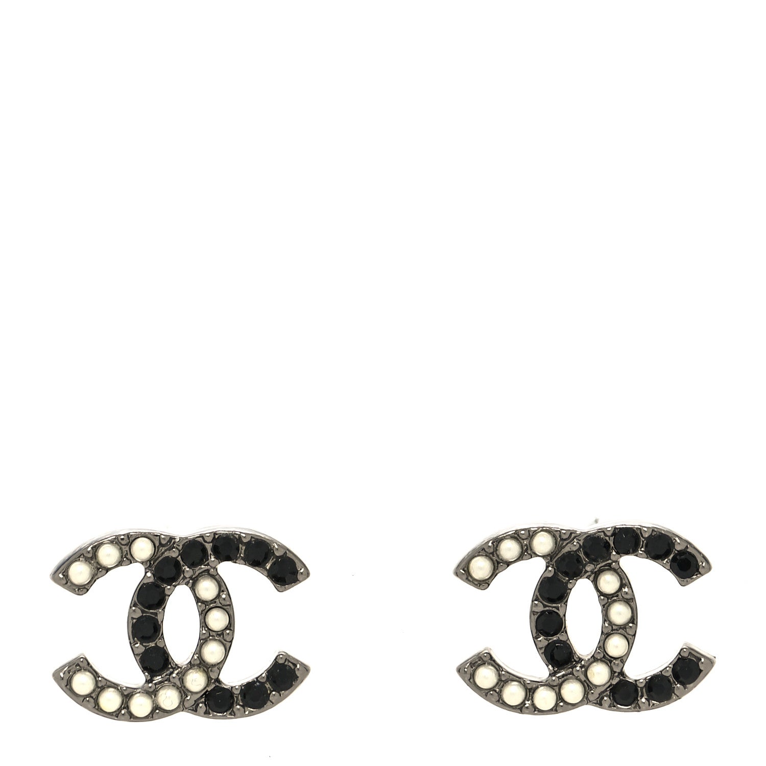 Chanel Crystal Pearl CC Stud Earrings Black Silver 1 of 4
