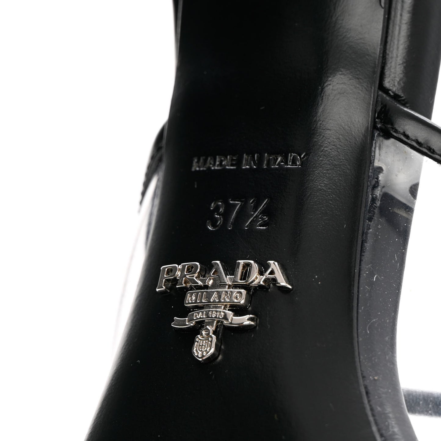 Plexiglass Calfskin Metal Triangle Logo 75mm Slide Sandals 37.5 Black