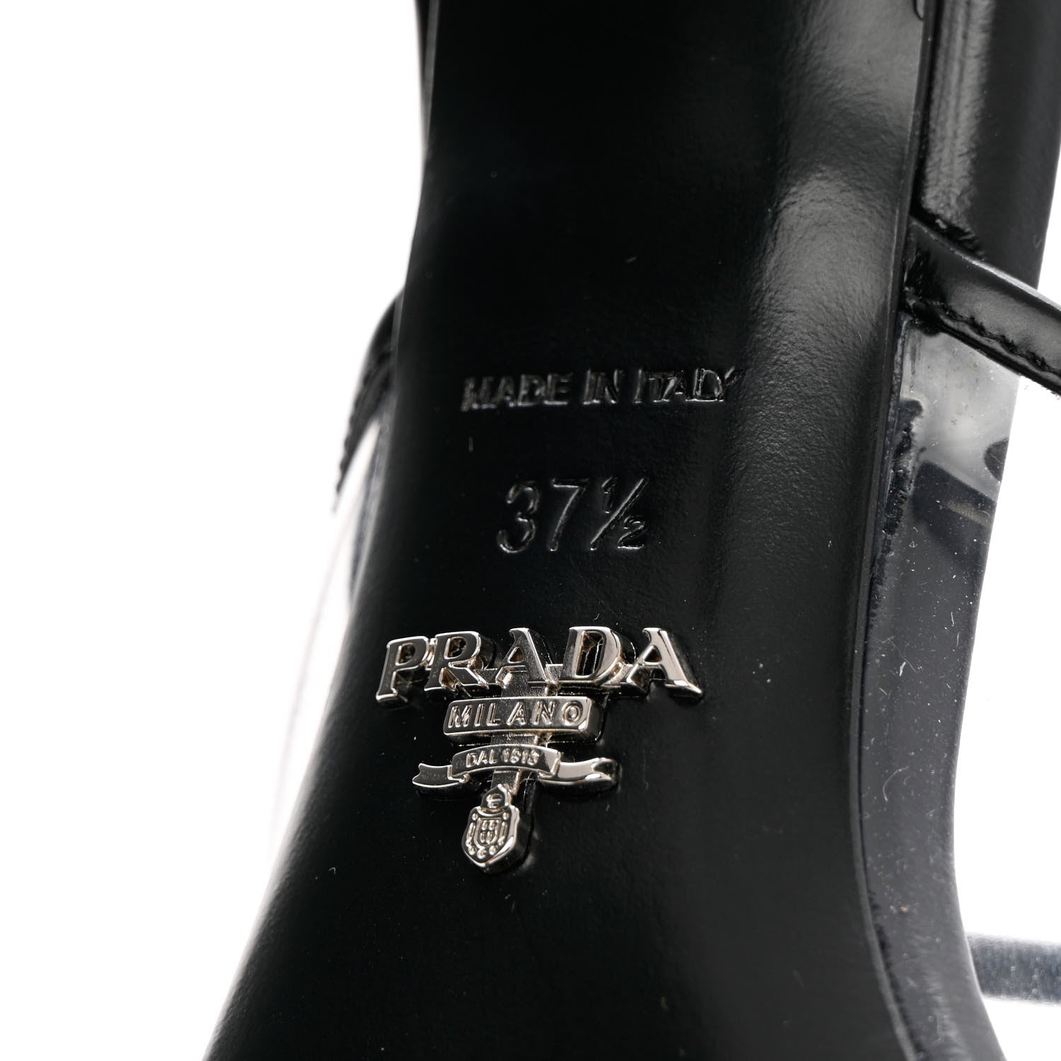 Prada Plexiglass Calfskin Metal Triangle Logo 75mm Slide Sandals 37.5 Black 8 of 12
