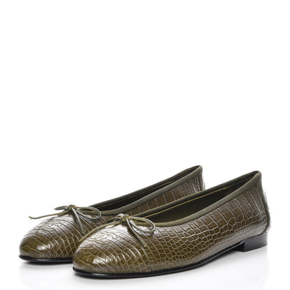 Chanel Alligator CC Cap Toe Ballerina Flats 39 Khaki 3 of 9