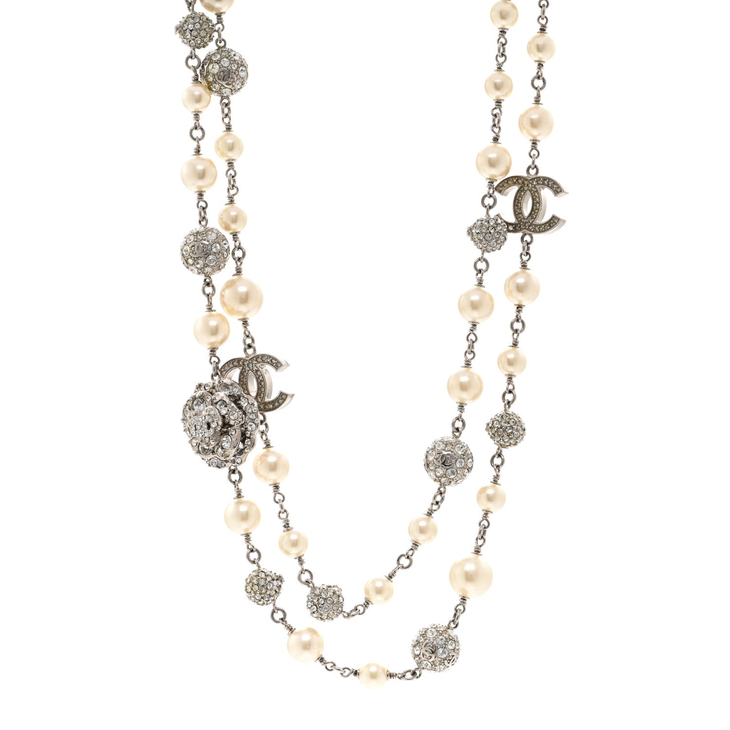Chanel Pearl Crystal CC Camellia Long Necklace Silver 1 of 6