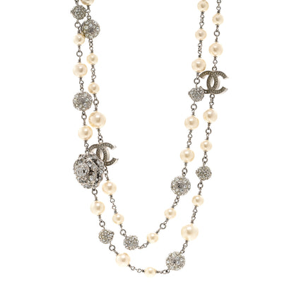 Chanel Pearl Crystal CC Camellia Long Necklace Silver 1 of 6