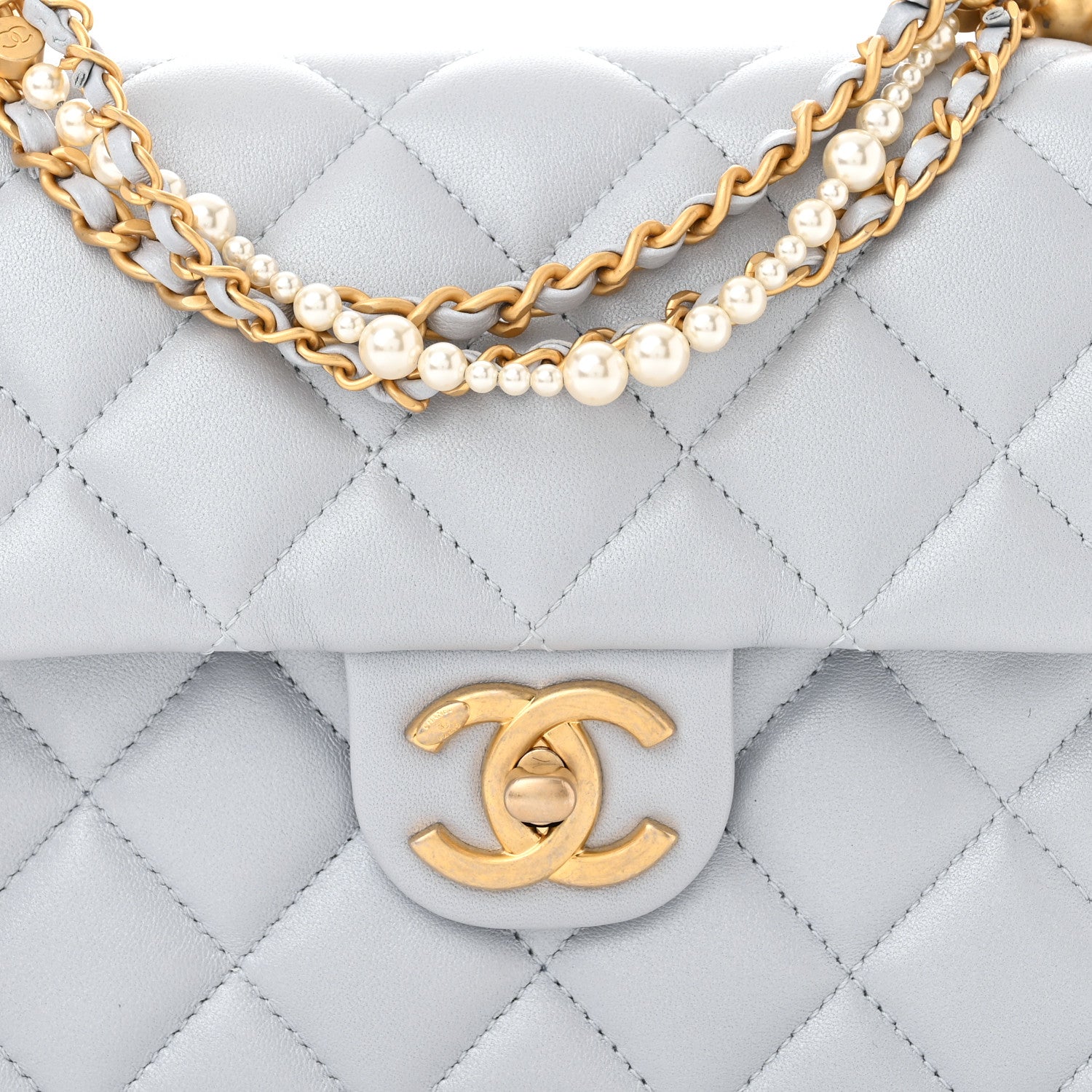 Chanel Shiny Lambskin Quilted Pearl Twist Mini Square Flap Light Grey 8 of 11