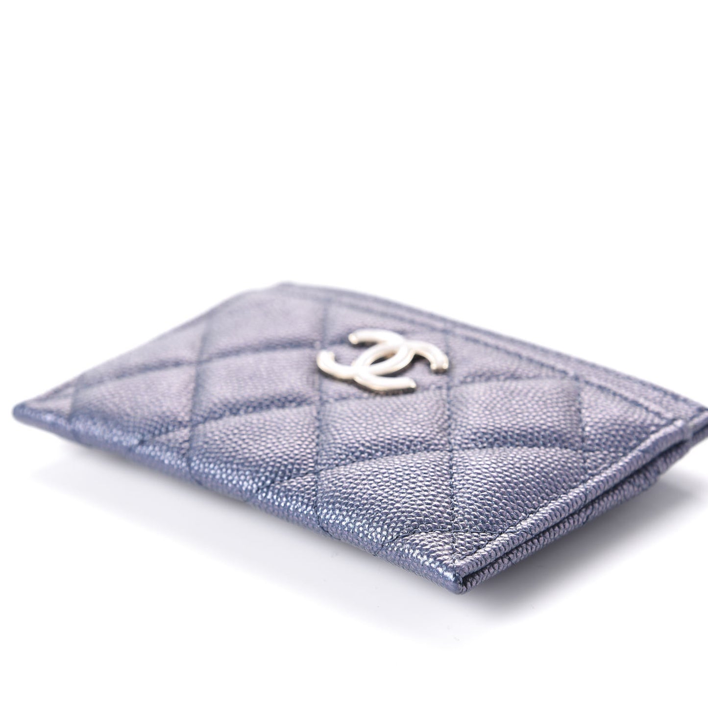Iridescent Caviar Quilted Card Holder Dark Blue